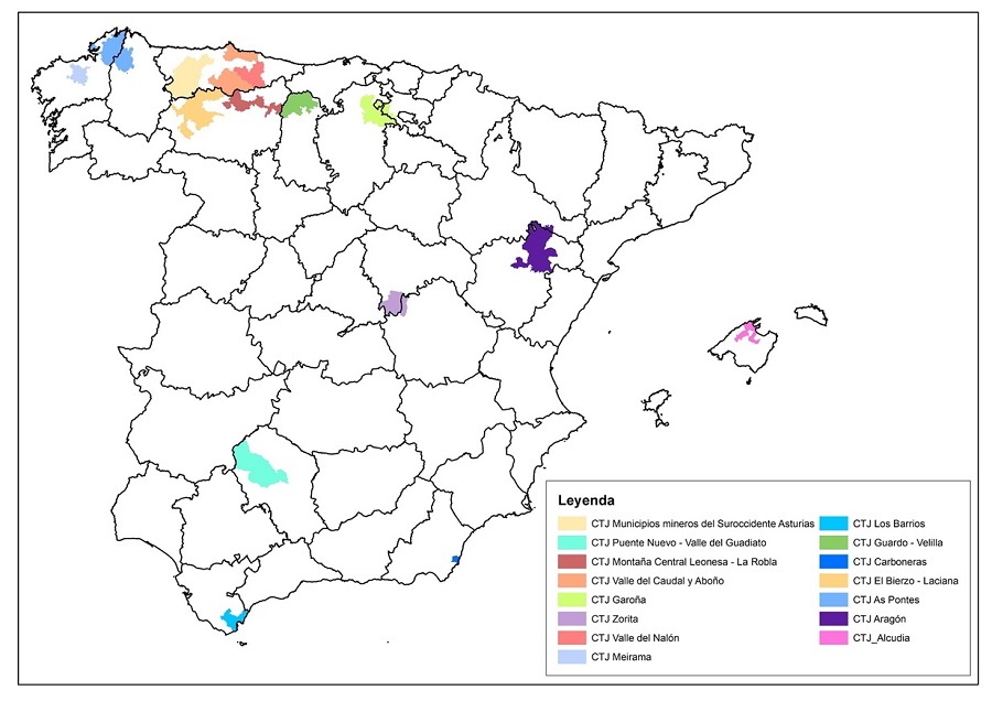 Mapa de las 15 Zonas de Transición Justa en España